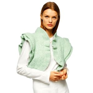 ZARA Casual Green Ruffled Sleeve Soft Knit Cardigan